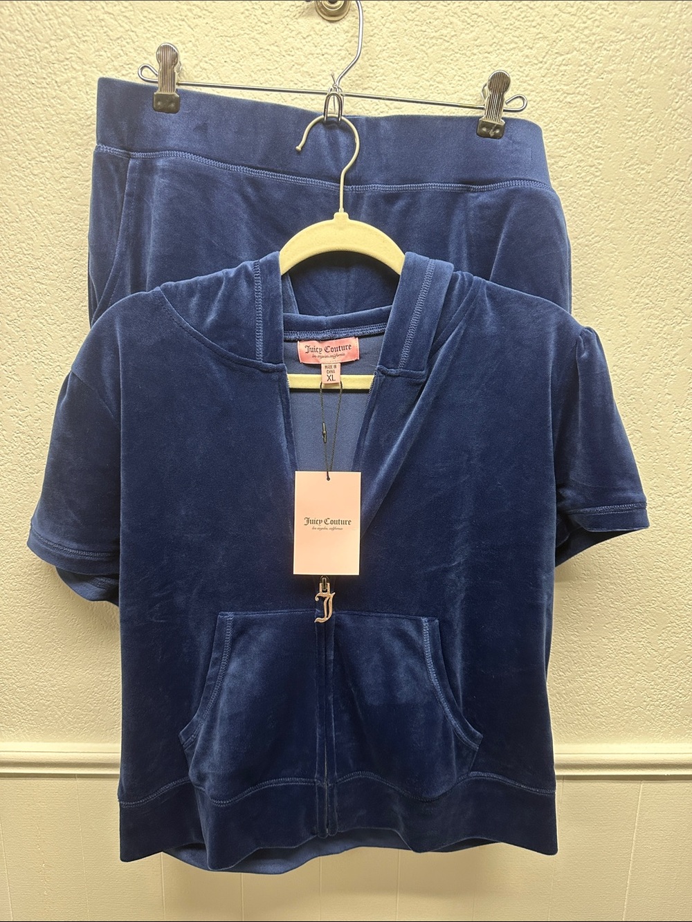 Juicy Couture Navy Blue Velour Short-Sleeve Hoodie & Short Set